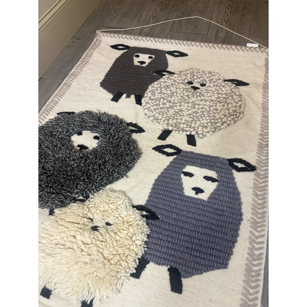 POTTERY BARN KIDS NURSERY WALL HANGING TEXTURED SHEEP WHITE BLACK WOOL/COTTON